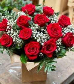 12 Stunning Large Headed long stem red roses with Gypsophila