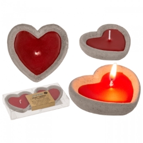 Red candle in a cement pot, heart shape,set of 2